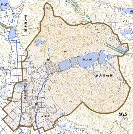 志方町細工所とその周辺の地図。町の範囲を重ねている