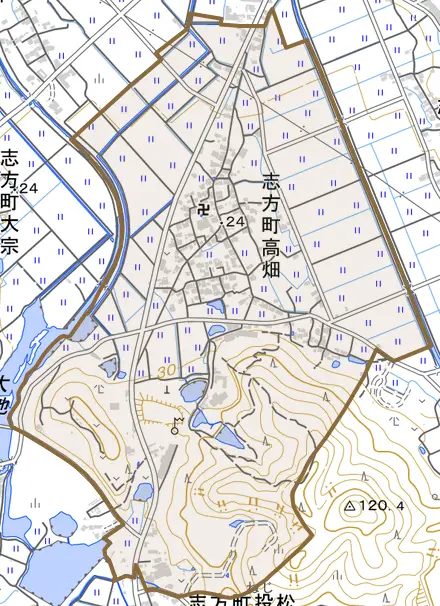 志方町高畑とその周辺の地図。町の範囲を重ねている