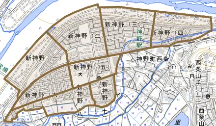 新神野とその周辺の地図。町の範囲を重ねている