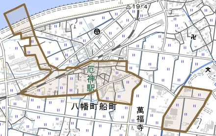 八幡町船町とその周辺の地図。町の範囲を重ねている