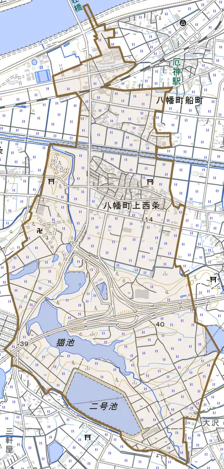 八幡町上西条とその周辺の地図。町の範囲を重ねている