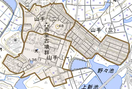 山手とその周辺の地図。町の範囲を重ねている