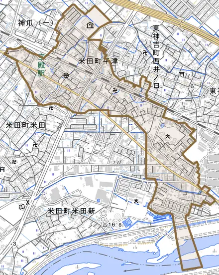 米田町平津とその周辺の地図。町の範囲を重ねている
