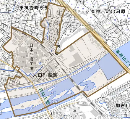 米田町船頭とその周辺の地図。町の範囲を重ねている