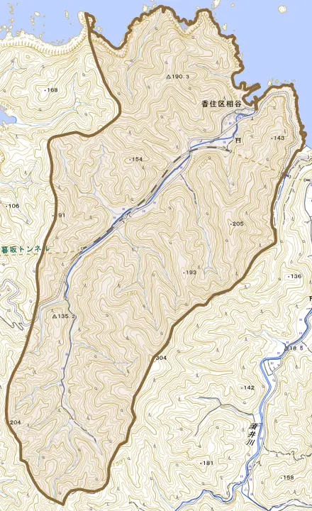 香住区相谷とその周辺の地図。町の範囲を重ねている