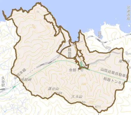香住区余部とその周辺の地図。町の範囲を重ねている