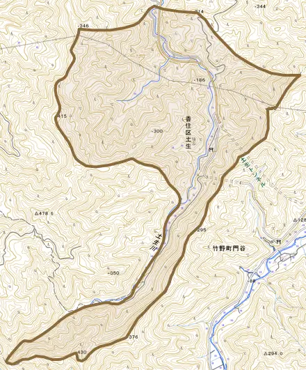 香住区土生とその周辺の地図。町の範囲を重ねている