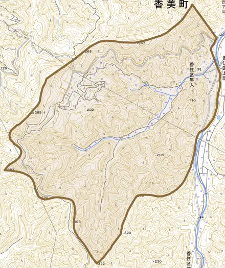 香住区隼人とその周辺の地図。町の範囲を重ねている