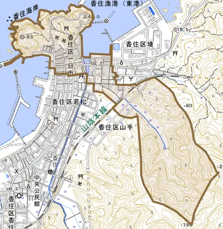 香住区一日市とその周辺の地図。町の範囲を重ねている