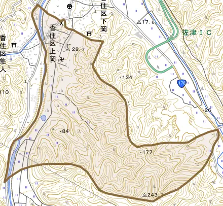 香住区上岡とその周辺の地図。町の範囲を重ねている