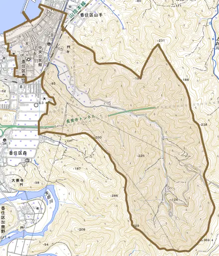 香住区香住とその周辺の地図。町の範囲を重ねている
