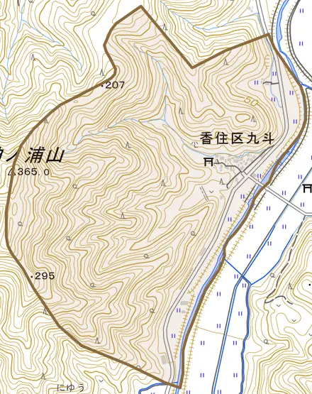 香住区九斗とその周辺の地図。町の範囲を重ねている