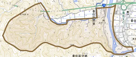 香住区間室とその周辺の地図。町の範囲を重ねている