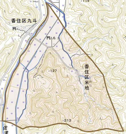 香住区米地とその周辺の地図。町の範囲を重ねている