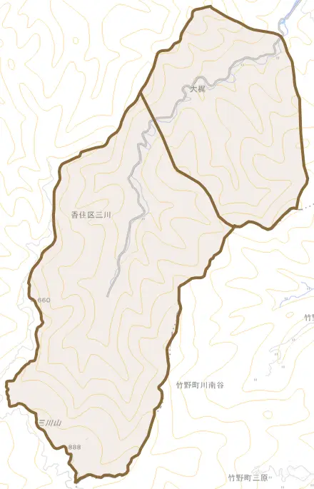 香住区三川とその周辺の地図。町の範囲を重ねている