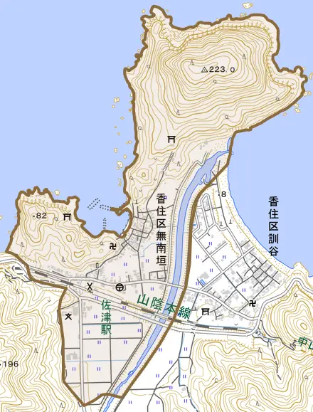 香住区無南垣とその周辺の地図。町の範囲を重ねている