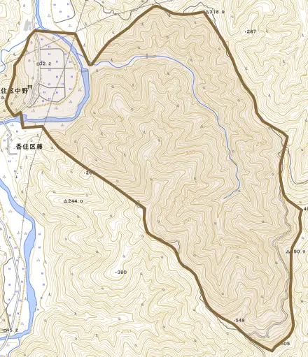 香住区中野とその周辺の地図。町の範囲を重ねている