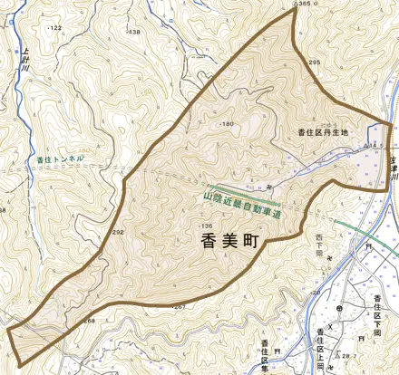 香住区丹生地とその周辺の地図。町の範囲を重ねている