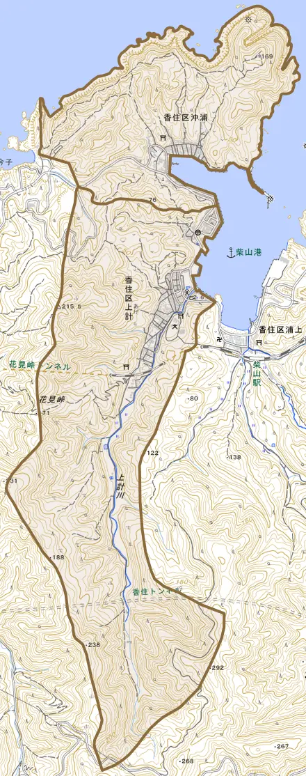 香住区沖浦とその周辺の地図。町の範囲を重ねている