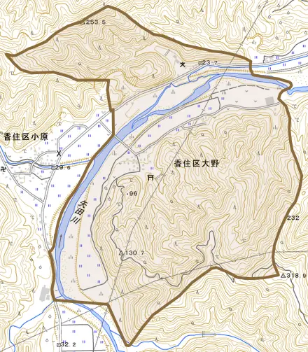 香住区大野とその周辺の地図。町の範囲を重ねている