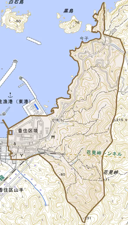 香住区境とその周辺の地図。町の範囲を重ねている