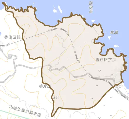 香住区下浜とその周辺の地図。町の範囲を重ねている