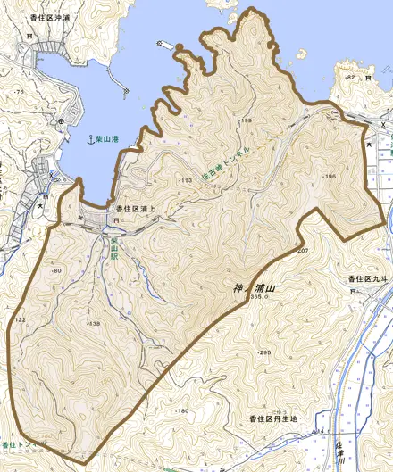 香住区浦上とその周辺の地図。町の範囲を重ねている