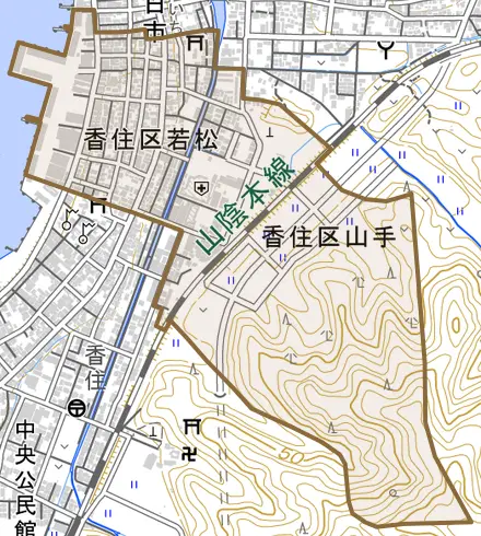香住区若松とその周辺の地図。町の範囲を重ねている