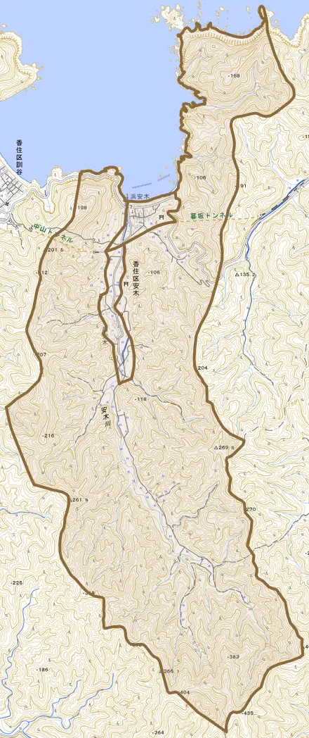 香住区安木とその周辺の地図。町の範囲を重ねている
