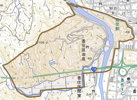 香住区油良とその周辺の地図。町の範囲を重ねている