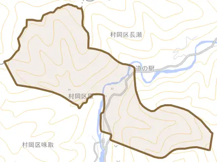 村岡区原とその周辺の地図。町の範囲を重ねている