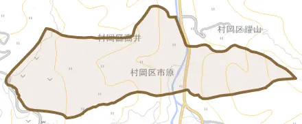 村岡区市原とその周辺の地図。町の範囲を重ねている