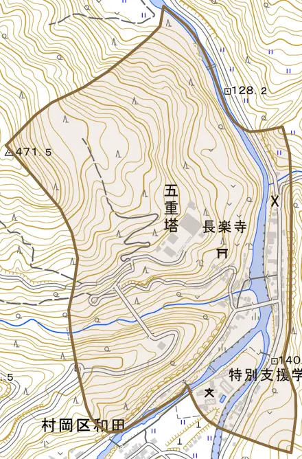 村岡区川会とその周辺の地図。町の範囲を重ねている
