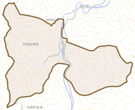 村岡区味取とその周辺の地図。町の範囲を重ねている