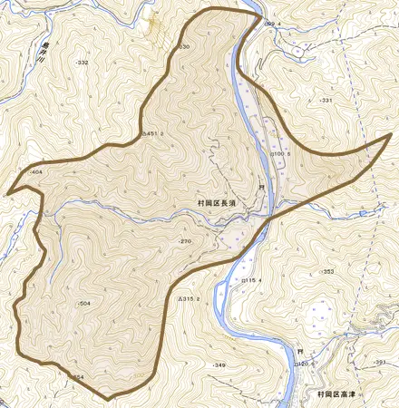 村岡区長須とその周辺の地図。町の範囲を重ねている