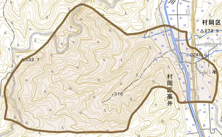 村岡区高井とその周辺の地図。町の範囲を重ねている