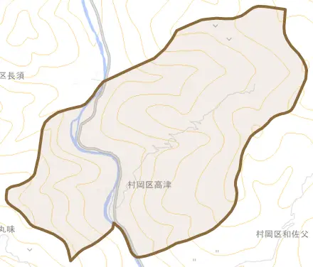 村岡区高津とその周辺の地図。町の範囲を重ねている