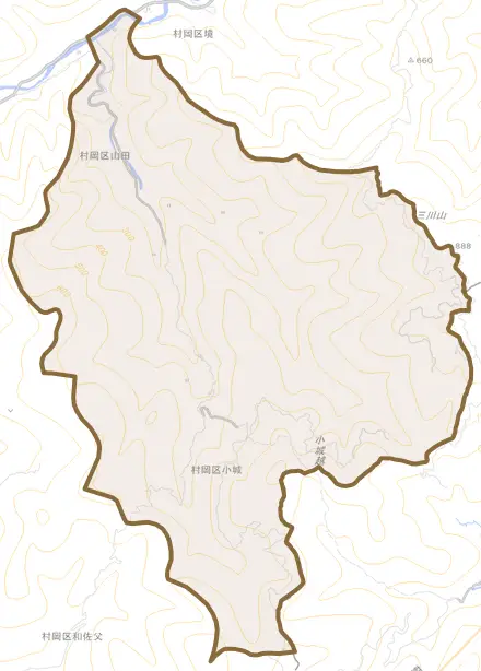 村岡区山田とその周辺の地図。町の範囲を重ねている
