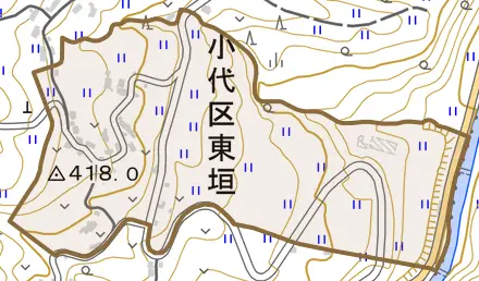 小代区東垣とその周辺の地図。町の範囲を重ねている