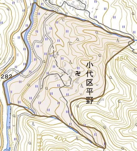 小代区平野とその周辺の地図。町の範囲を重ねている