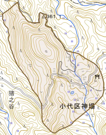 小代区神場とその周辺の地図。町の範囲を重ねている