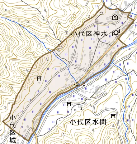 小代区神水とその周辺の地図。町の範囲を重ねている