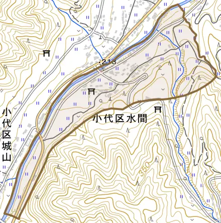 小代区水間とその周辺の地図。町の範囲を重ねている