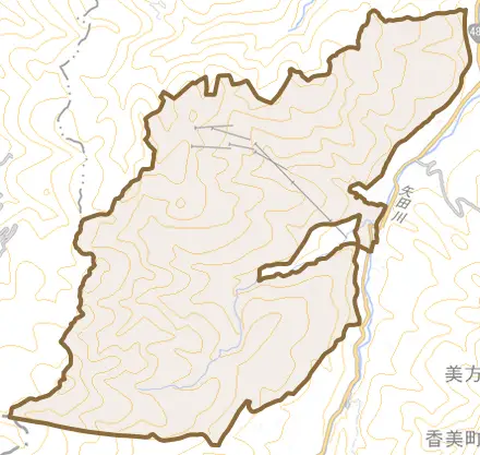 小代区大谷とその周辺の地図。町の範囲を重ねている