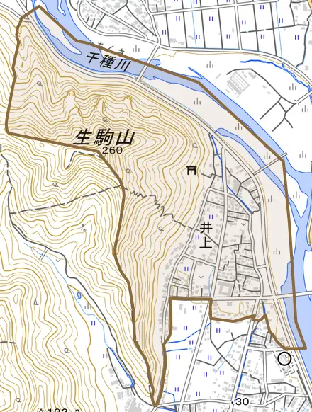 井上とその周辺の地図。町の範囲を重ねている