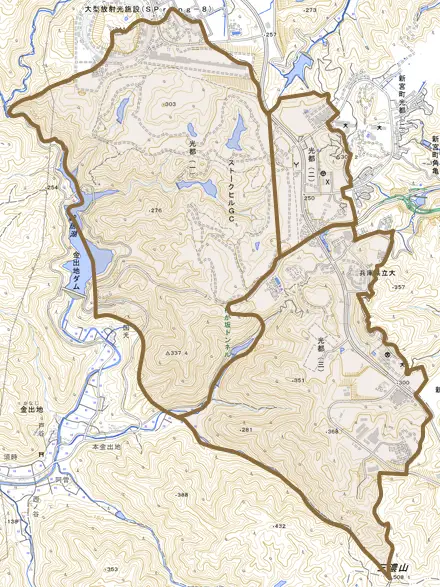 光都とその周辺の地図。町の範囲を重ねている