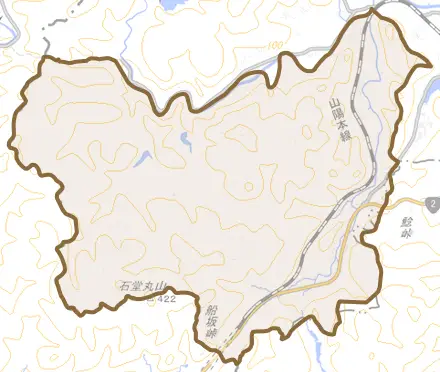 梨ケ原とその周辺の地図。町の範囲を重ねている