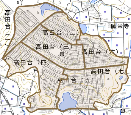 高田台とその周辺の地図。町の範囲を重ねている