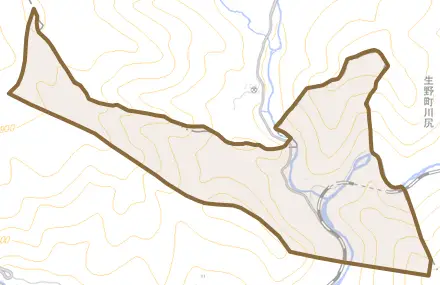 渕とその周辺の地図。町の範囲を重ねている