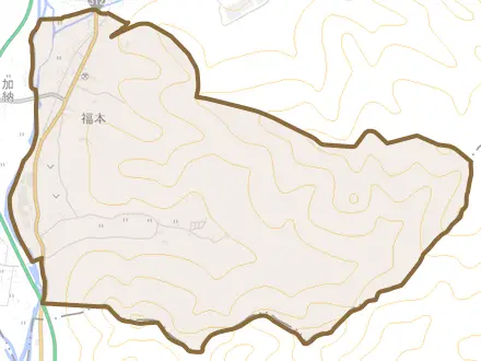 福本とその周辺の地図。町の範囲を重ねている